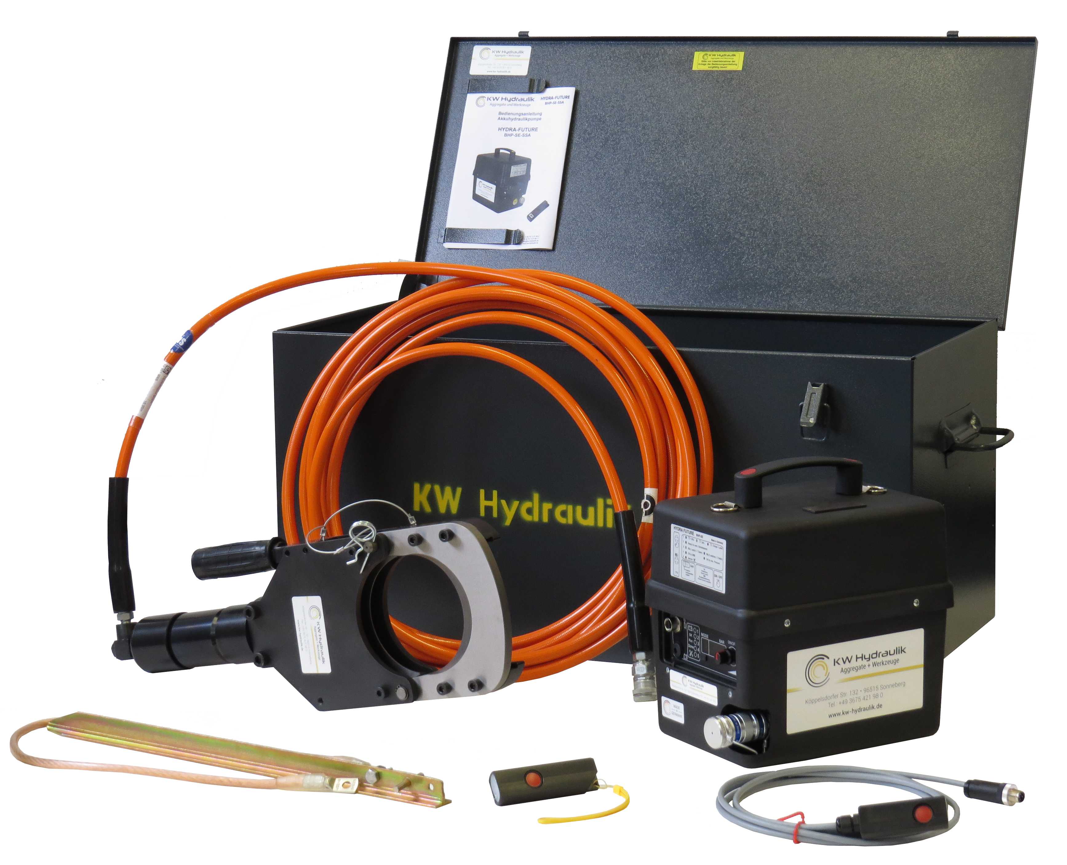 Sicherheitsschneidanlage mit Akku-Hydraulikpumpe für Kabel bis Ø 120 mm, bis max. 60.000 Volt, EN50340